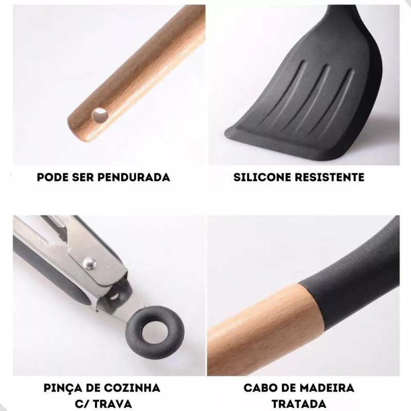 Kit Cozinha 12Pçs - Silicone e Cabo de Madeira - DinoTech